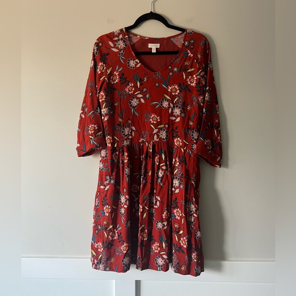 Garnet Hill Red Floral Long Sleeve A-Line Dress – Size 4 – Boho Holiday Party
